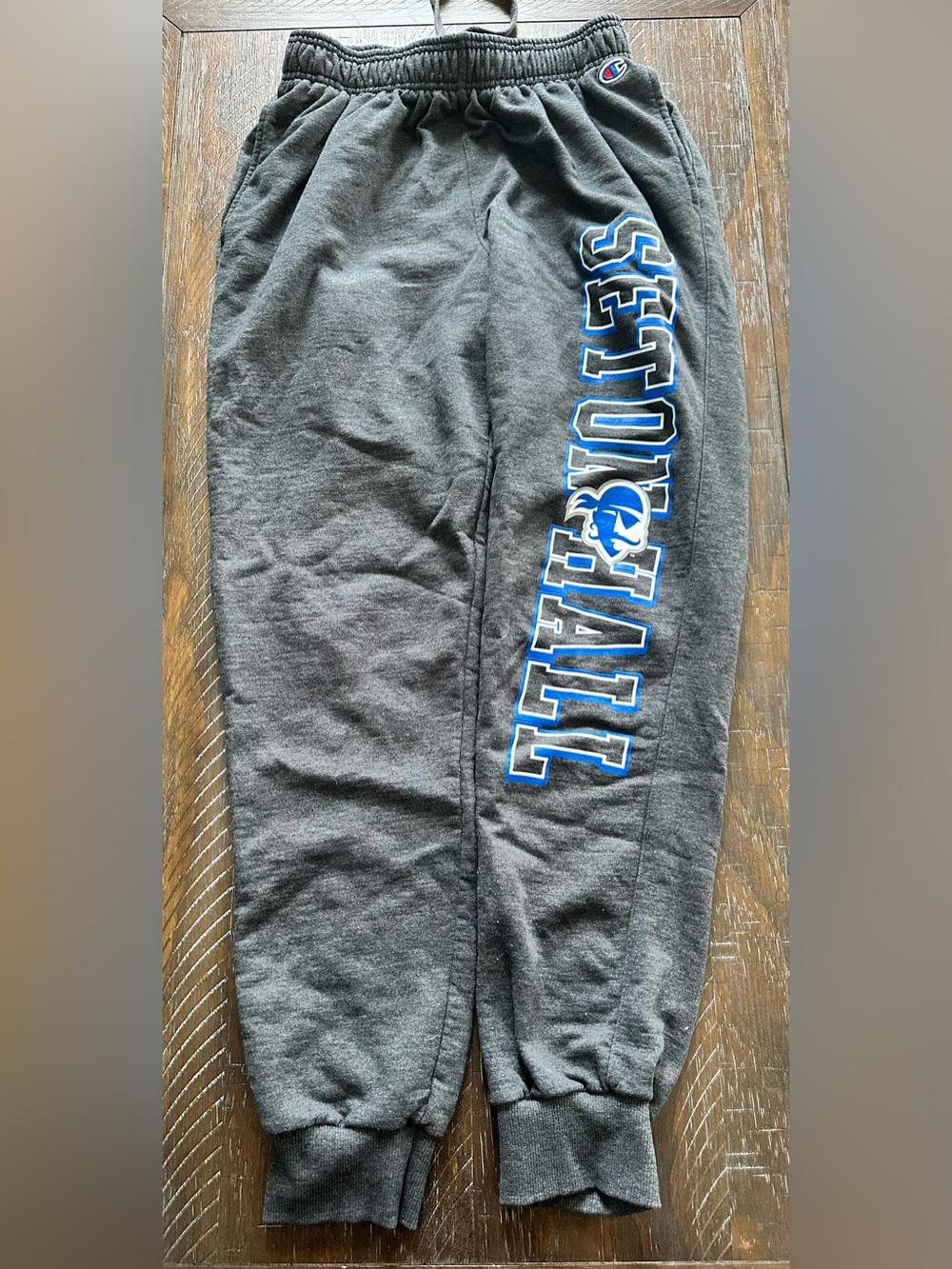 Champion Men’s Charcoal Gray Sweatpants with Blue 'Seton Hall’ Graphic - Size M